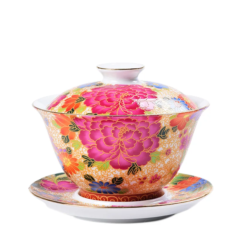 

Jingdezhen Porcelain Gaiwan Enamel Hand-Painted Peony Tea Bowl with Saucer Lid Kit Master Tea Cup Tureen Teaware Drinkware