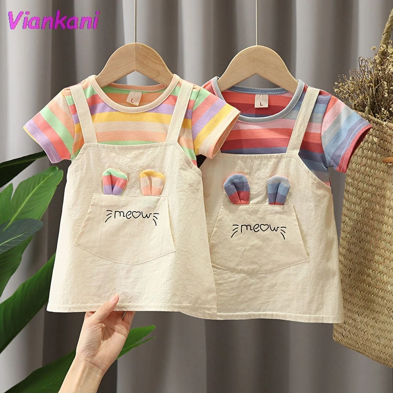 Kawaii Rainbow 2 Pieces Baby Girl Dresses Summer New 2021 Striped Cute Cartton Children Kids Clothes Top Quality Sundress 
Kawaii Rainbow 2 Pieces Baby Girl Dresses Summer New 2021 Striped Cute Cartton Children Kids Clothes Top Quality Sundress