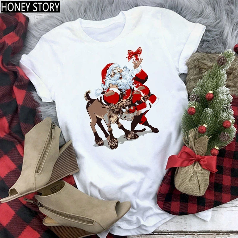 Cute Santa Claus and Reindeer Print T-Shirt Women Loose Size Casual New Cartoon Tops Unisex Harajuku Merry Christmas Tee
Cute Santa Claus and Reindeer Print T-Shirt Women Loose Size Casual New Cartoon Tops Unisex Harajuku Merry Christmas Tee