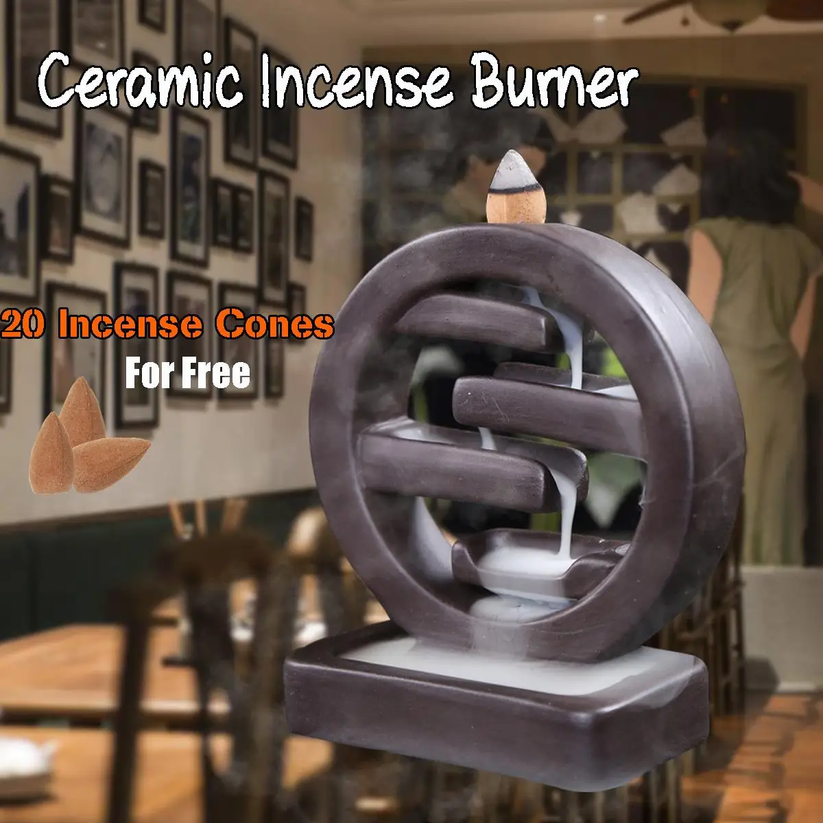 

Round Ceramic Incense Burner Home Office Decor Waterfall Burners Porcelain Backflow Smoke Cone Holder Censer 20 Cones