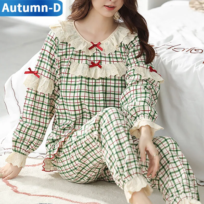 Cotton Plaid Pajamas Sets Women Sleepwear Plus Size Home Clothes Bow Trim Long Sleeve Pijamas Comfortable Autumn Femal Nightie
Cotton Plaid Pajamas Sets Women Sleepwear Plus Size Home Clothes Bow Trim Long Sleeve Pijamas Comfortable Autumn Femal Nightie