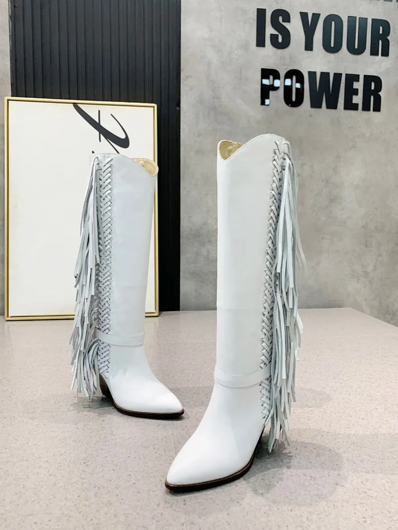 Tassel High Heel Woman Long Boots Genuine Leather Fashion Luxury Designer Woman Shoes Pointed Toe Solid Color Zapatos De Mujer 
Tassel High Heel Woman Long Boots Genuine Leather Fashion Luxury Designer Woman Shoes Pointed Toe Solid Color Zapatos De Mujer
