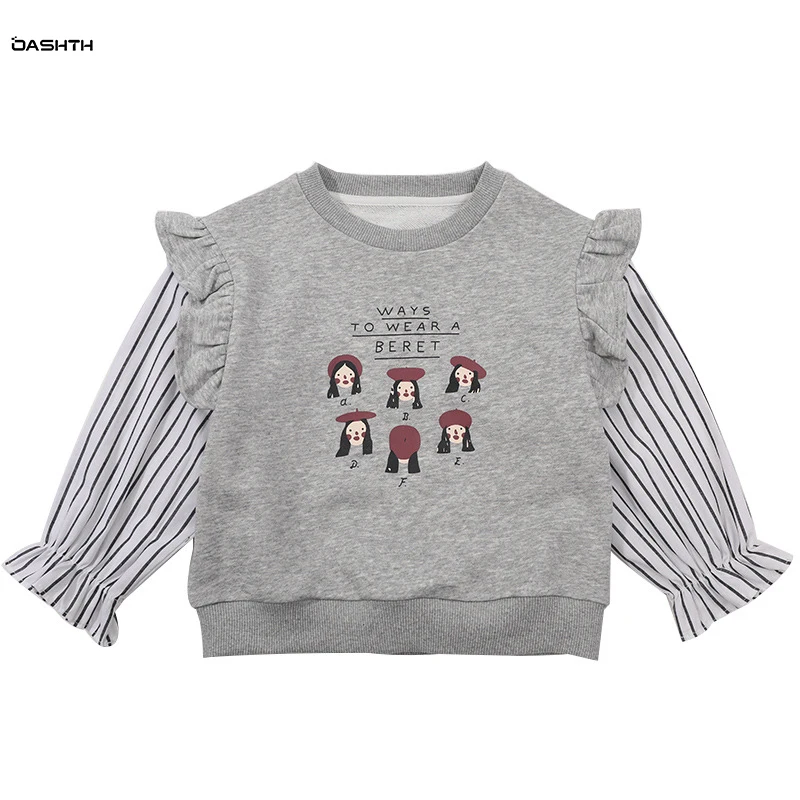 

OASHTH Girls spring sweater children's clothing new baby girl spring and autumn stitching sleeve top T-shirt