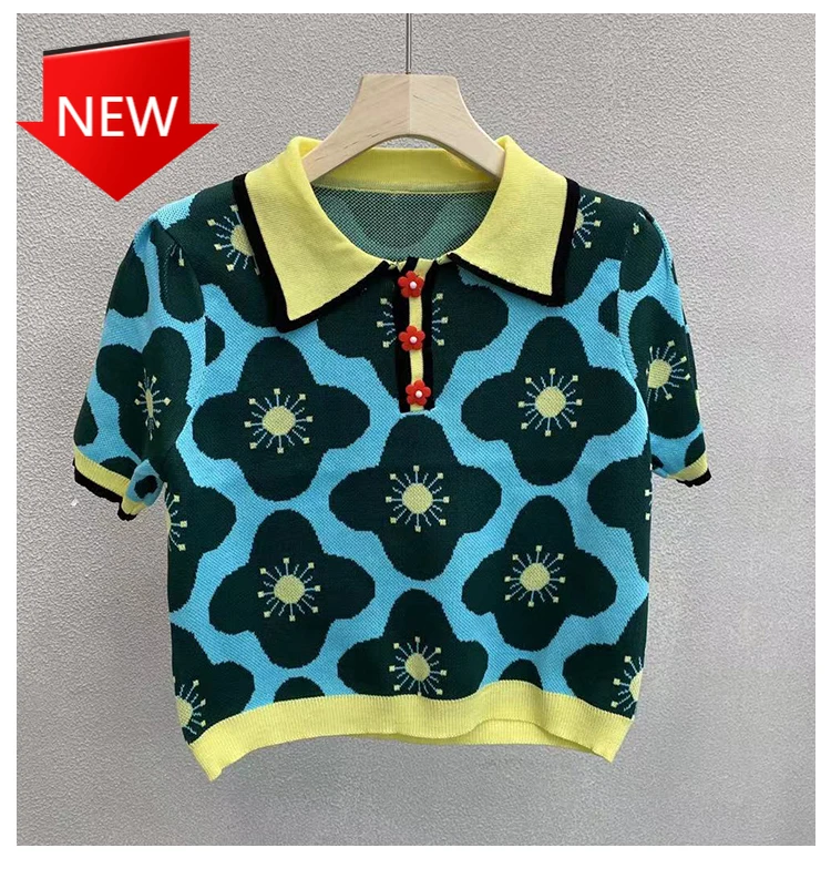 Sweater Sweet Flower Jacquard Short Sleeve Loose Lapel Short Women's Knitwear Chic Flower Button Summer New Thin Pullover Female
Sweater Sweet Flower Jacquard Short Sleeve Loose Lapel Short Women's Knitwear Chic Flower Button Summer New Thin Pullover Female