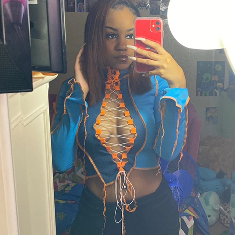 Simenual Patchwork Sexy Hollow Out Women Tie Front Top Long Sleeve Hot Bodycon Club Birthday Ribbed Cropped T Shirts Autumn 2021
Simenual Patchwork Sexy Hollow Out Women Tie Front Top Long Sleeve Hot Bodycon Club Birthday Ribbed Cropped T Shirts Autumn 2021