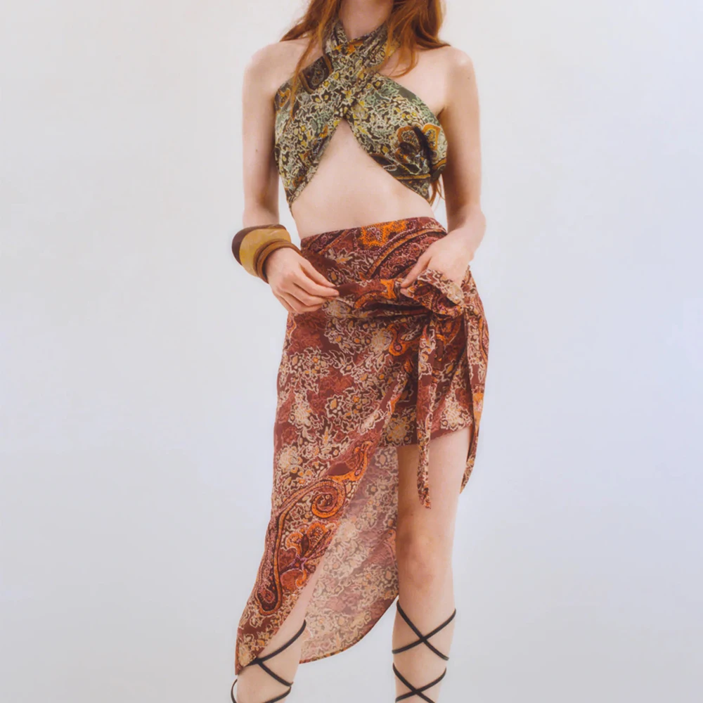 

Za 2021 Lady Vintage Print Folds Wrap Sarong Skirt Knotted Ruched Skirts Chic Side zipper Asymmetrical Retro High waist Faldas