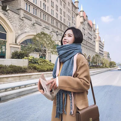 Новинка 2019, корейский вариант осенне-зимнего большого шарфа с бахромой, подходящего цвета, мисс утепленный шарф, шаль