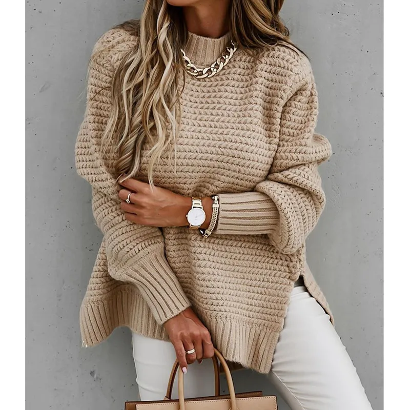 Simple Fashionable Winter New Semi-High Collar Solid Color Sweater Warm Casual Loose Side Slit Black Beige Women Sweater
Simple Fashionable Winter New Semi-High Collar Solid Color Sweater Warm Casual Loose Side Slit Black Beige Women Sweater