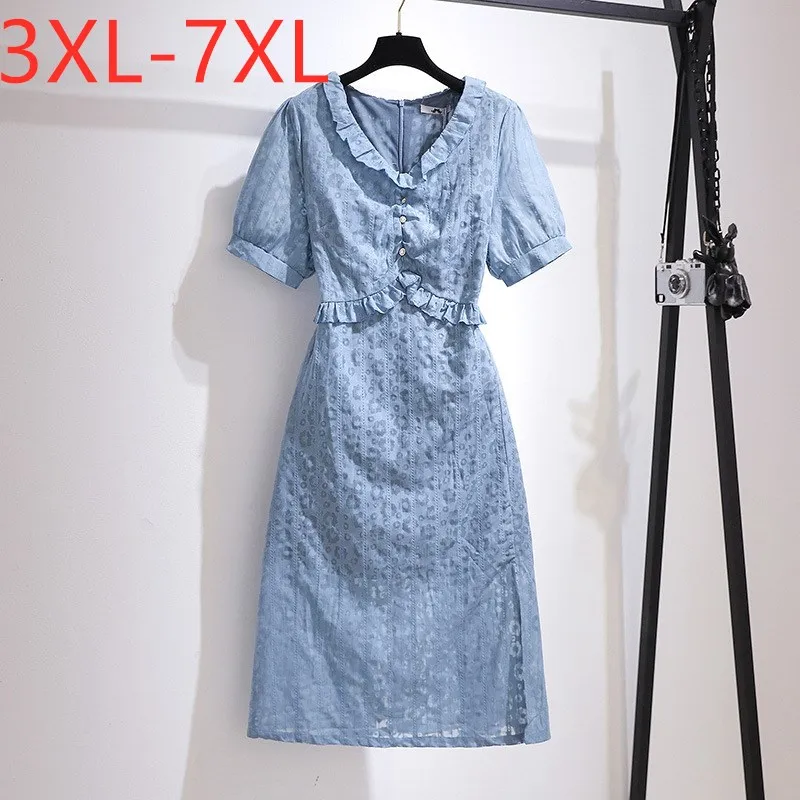 New 2021 Ladies Summer Plus Size Dress For Women Large Short Sleeve Slim Blue Ruffle V-neck Midi Dress 3XL 4XL 5XL 6XL 7XL
New 2021 Ladies Summer Plus Size Dress For Women Large Short Sleeve Slim Blue Ruffle V-neck Midi Dress 3XL 4XL 5XL 6XL 7XL