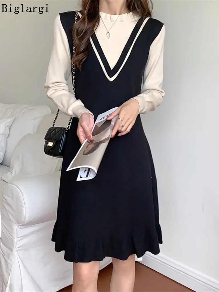 Autumn Winter Fake Two Piece Set Knitted Vintage Dress Women Elegant Korean Style Long Sleeve Casual Ladies Sweaters Dresses
Autumn Winter Fake Two Piece Set Knitted Vintage Dress Women Elegant Korean Style Long Sleeve Casual Ladies Sweaters Dresses