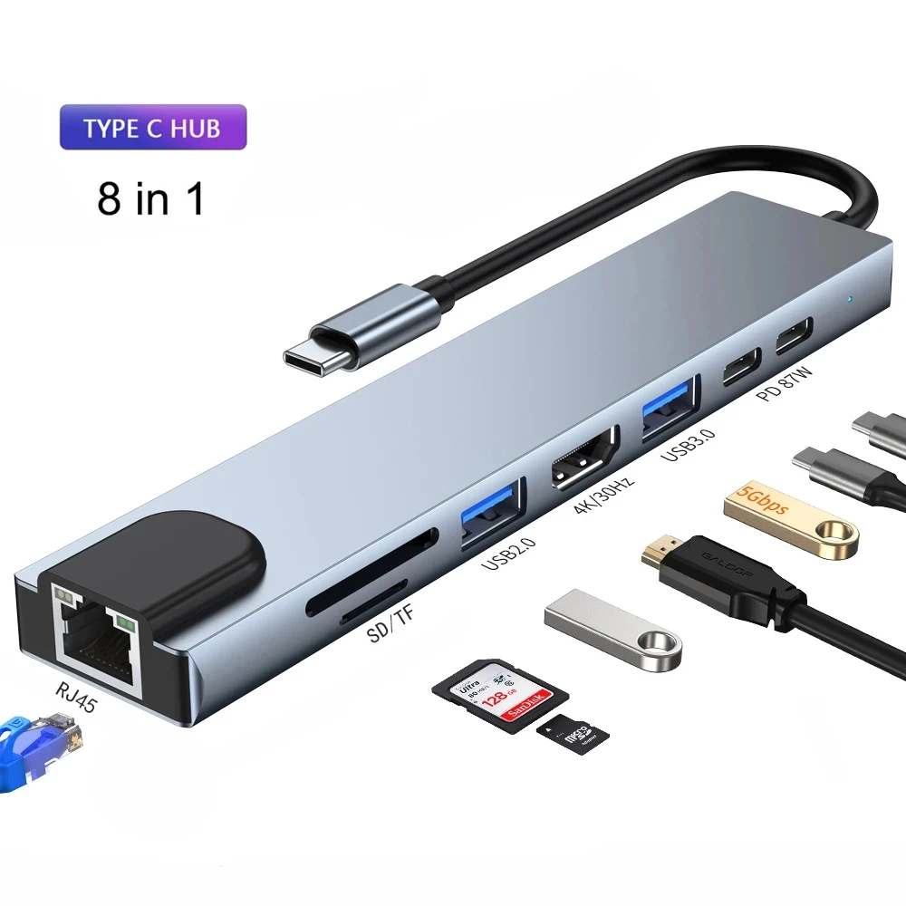 USB-концентратор 8-в-1 с Type-C на 4K HDMI-совместимый RJ45 PD для зарядки SD/TF-карт
USB-концентратор 8-в-1 с Type-C на 4K HDMI-совместимый RJ45 PD для зарядки SD/TF-карт