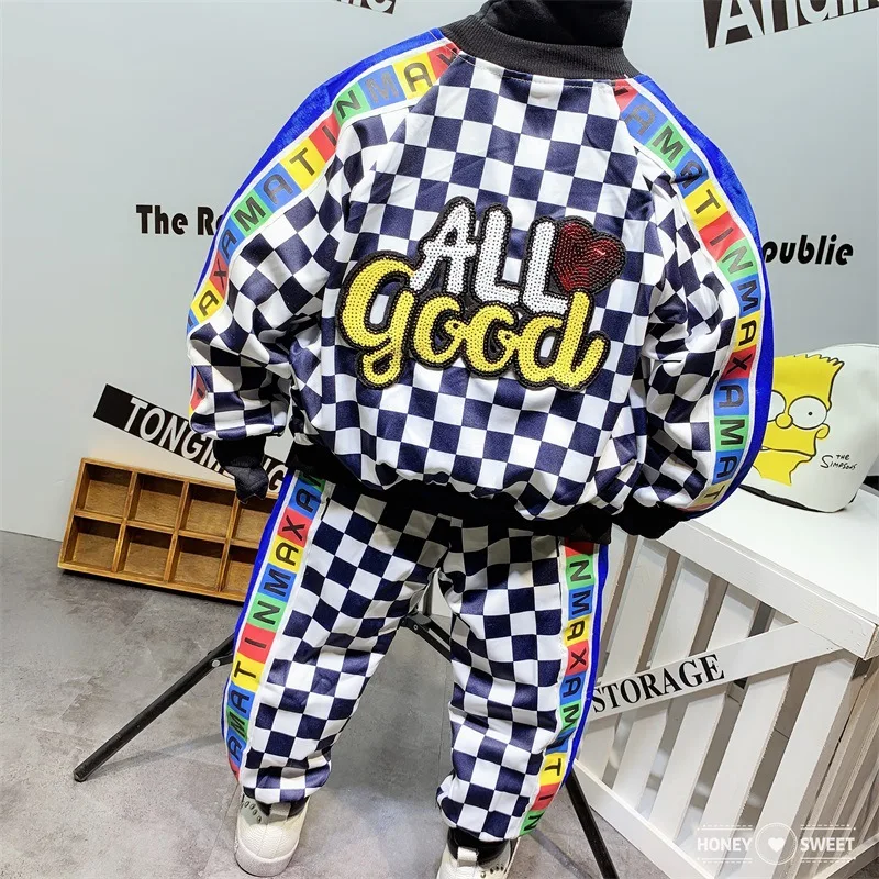 2PCS WLG boys autumn plaid clothing set kids fashion zipper jacket and pant set children clothes