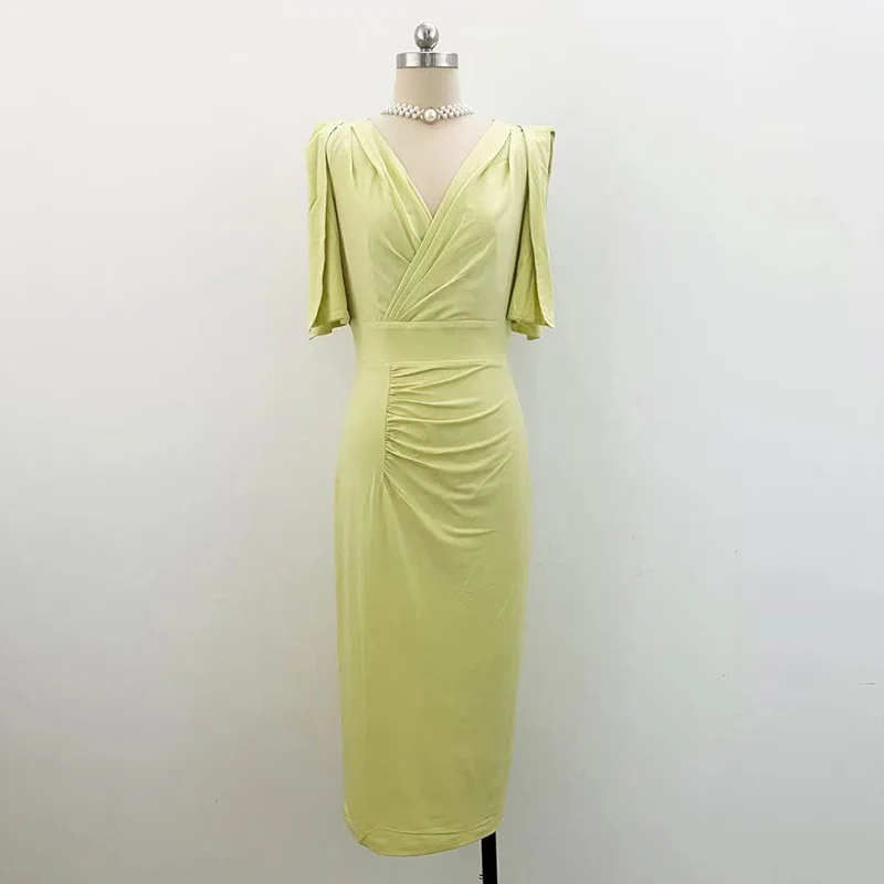 Summer Lemon Yellow Pleated Maxi Dress Ruffles V Neck Slim Women Solid Folds Wrap Dress Formal Party Birthday Dress Short Sleeve
Summer Lemon Yellow Pleated Maxi Dress Ruffles V Neck Slim Women Solid Folds Wrap Dress Formal Party Birthday Dress Short Sleeve