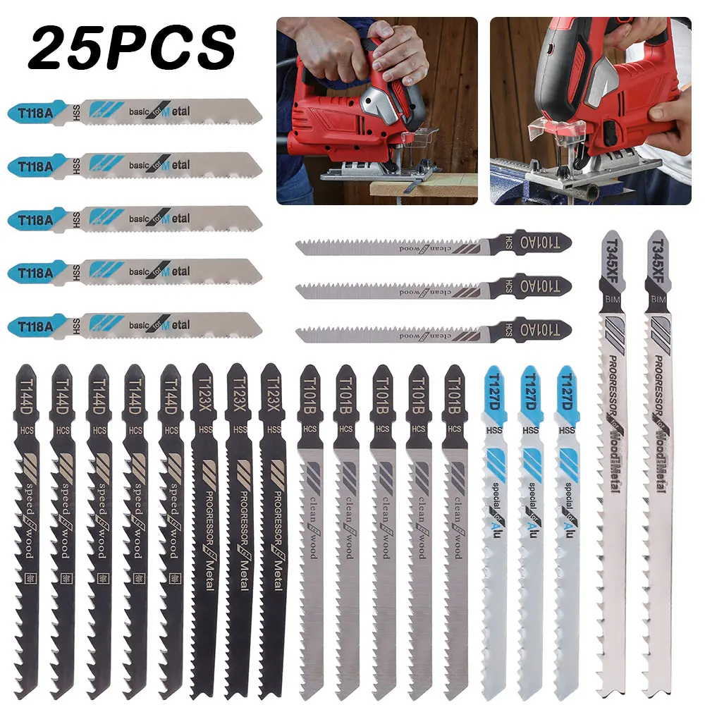25PCS T-shank Jigsaw Blade Set Metal Steel Jigsaw Blade Set Fitting For Plastic Woodworking Tools Made with HCS/HSS/BIM
25PCS T-shank Jigsaw Blade Set Metal Steel Jigsaw Blade Set Fitting For Plastic Woodworking Tools Made with HCS/HSS/BIM