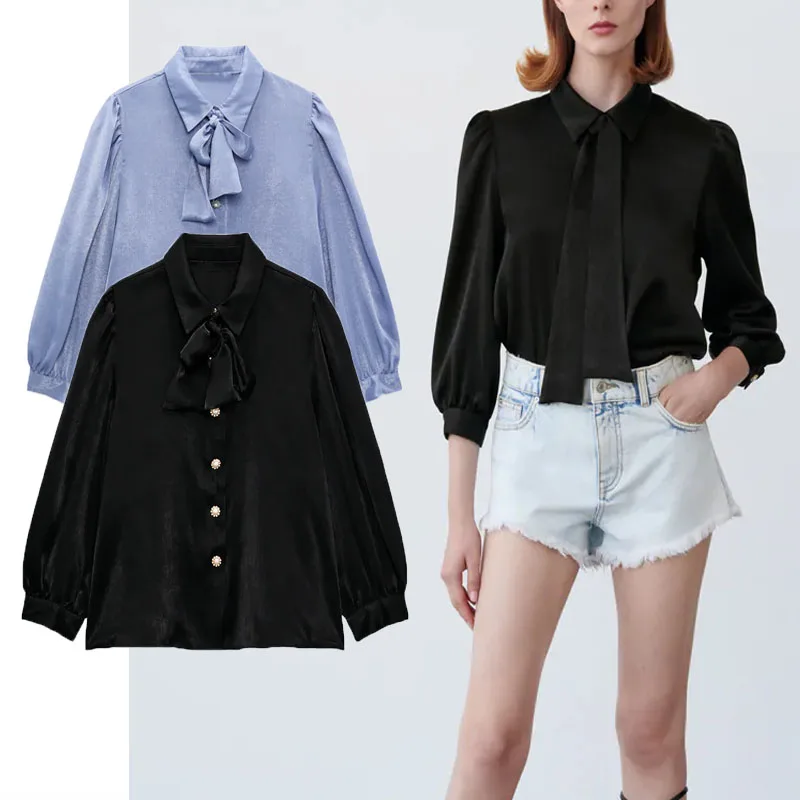 ZA 2021 Jewel Button Black Blouse Women Long Puff Sleeve Bow Vintage Loose Blouses Female Summer Fashion Ruching Blue Tops
ZA 2021 Jewel Button Black Blouse Women Long Puff Sleeve Bow Vintage Loose Blouses Female Summer Fashion Ruching Blue Tops