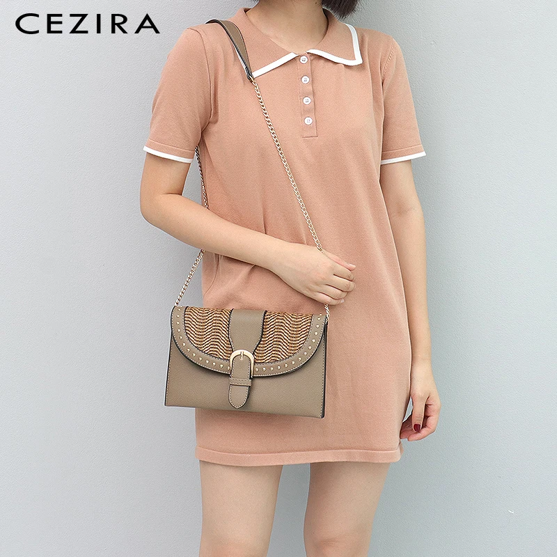 

CEZIRA Luxury PU Vegan Leather Women Envelope Crossbody Bag Fashion Studs Woven Buckle Flap Handbags Female Chain Shoulder Purse