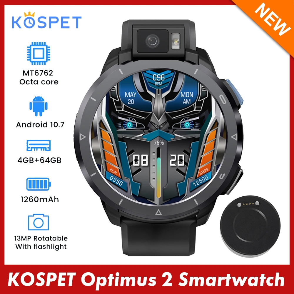 

KOSPET Optimus 2 Smart Watch 1.6'' IPS Full-Touch Screen BT5.0+5.0 13MP Rotatable Camera 4GB RAM+64GB ROM 4G Global Smartwatches
