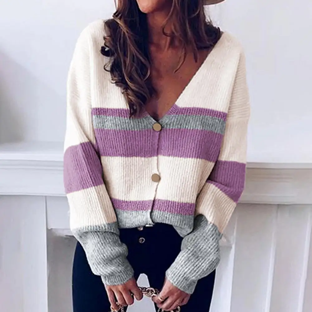 Women Sweater Striped Color Block V Neck Autumn Winter Loose Single-breasted Knitted Top Cardigan Streetwear
Women Sweater Striped Color Block V Neck Autumn Winter Loose Single-breasted Knitted Top Cardigan Streetwear