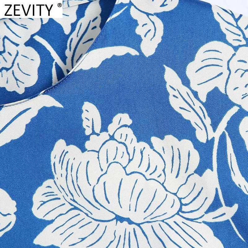 Zevity 2021 Женская винтажная синяя плиссированная блузка с цветочным принтом по