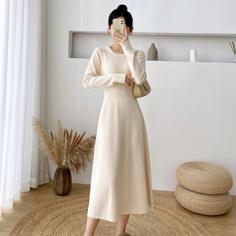 Female Elegant A-line Knit Dress Long Sleeve Slim Waist Basic Sweater Vestidos Women Autumn Winter Bottom Solid Dresses
Female Elegant A-line Knit Dress Long Sleeve Slim Waist Basic Sweater Vestidos Women Autumn Winter Bottom Solid Dresses