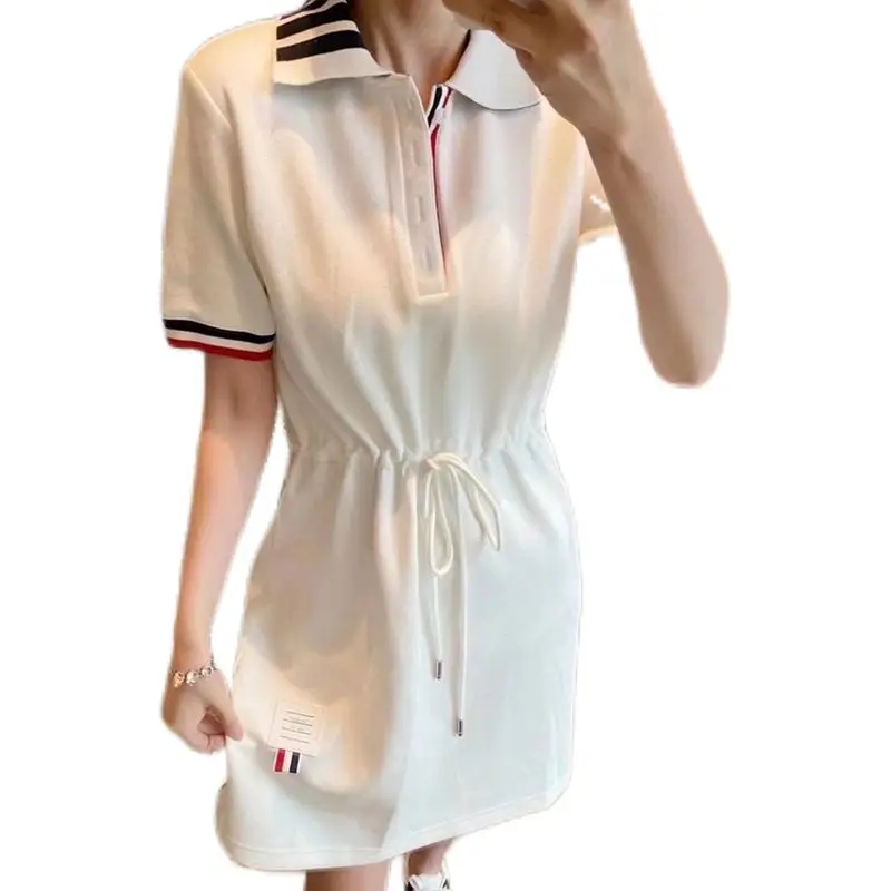 

JuiceSnow2021 New Women's Summer TB College Long Knit Striped Dress Lapel Four-Bar Waist Belted Polo Back Hit Color Ribbon Skirt