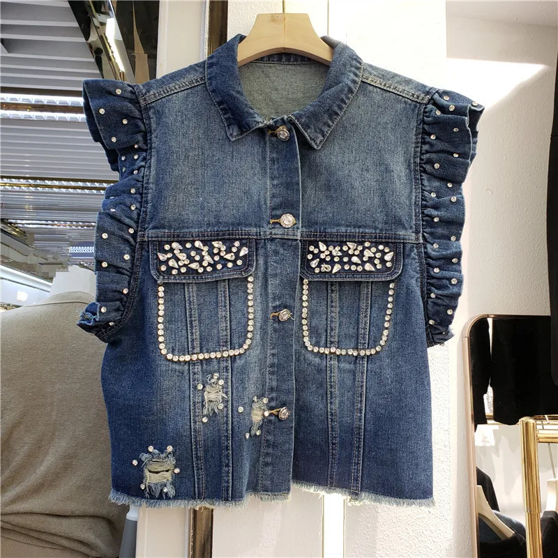 

Autumn 2021 Ruffle Diamond Hole Frayed Burrs Women Short Denim Vest Single-breasted Sleeveless Blue Cowboy Waistcoat Veste Femme