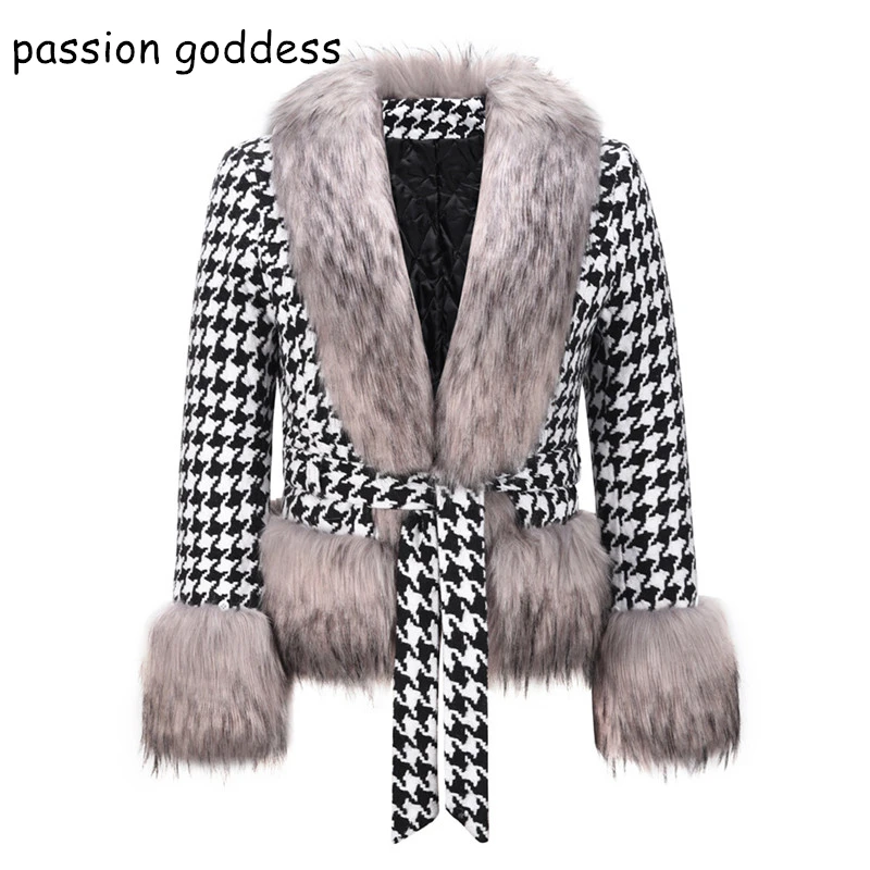 Winter Thick Warm Faux Fur Trim Coat for Women Streetwear Fashion Houndstooth Tie Belt Waist Slim Coat Elegant Short Crop Jacket
Winter Thick Warm Faux Fur Trim Coat for Women Streetwear Fashion Houndstooth Tie Belt Waist Slim Coat Elegant Short Crop Jacket