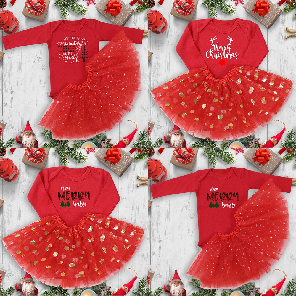 

Merry Christmas Baby Red Cotton Romper Dresses Girls Long Sleeve Bodysuits Snowman Deer Print Tutu Newborn Clothes Xmas Gifts