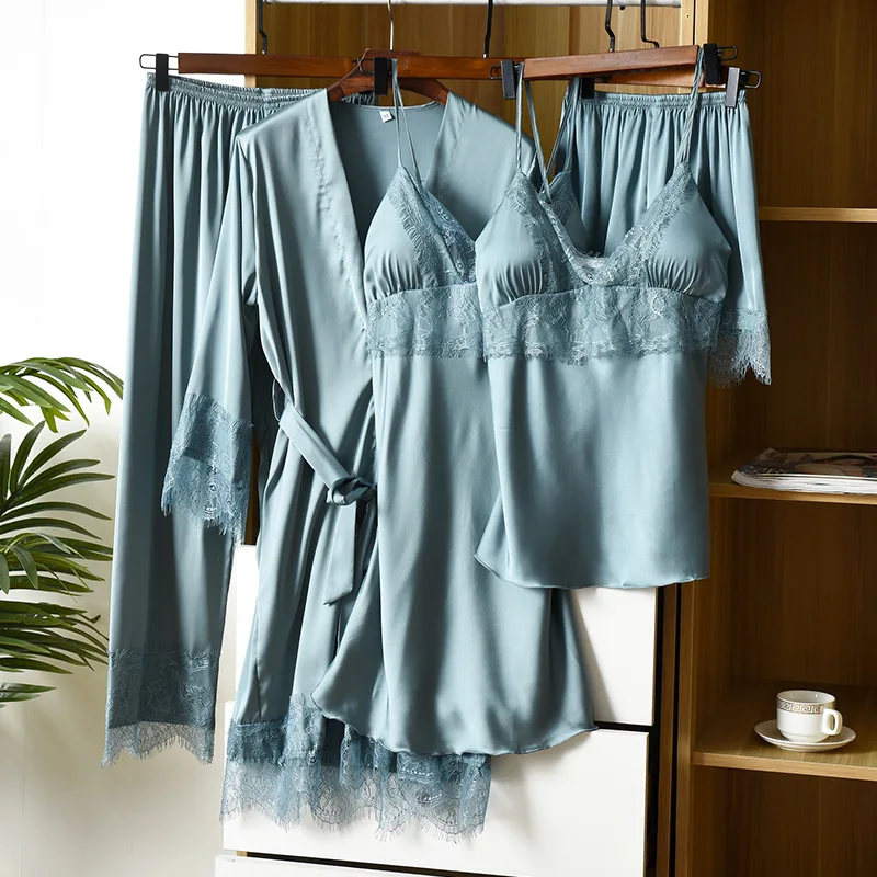 5PCS Pajamas Suit Women Kimono Bathrobe Gown Lace Sexy Faux Silk Intimate Lingerie Casual Sleepwear Homewear Satin Home Clothes