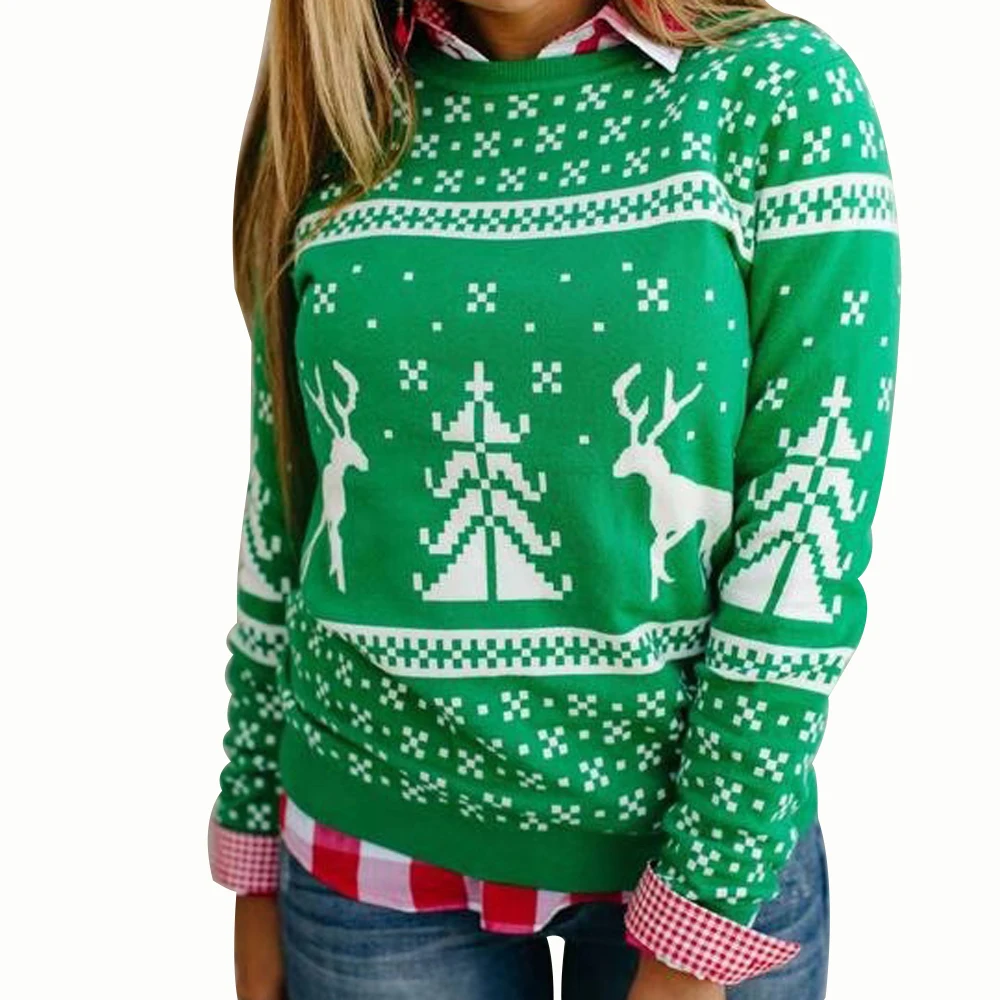 Женский Рождественский свитер с длинным рукавом и круглым вырезом принтом