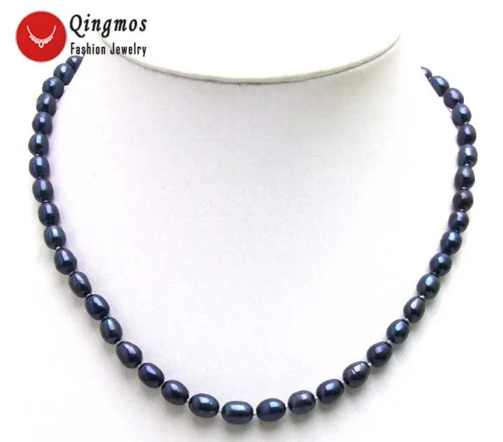 

Qingmos Natural Freshwater Black Pearl Necklace for Women with 8-9mm Rice Pearl Chokers 17" Fine Jewelry Collier naszyjnik 5591