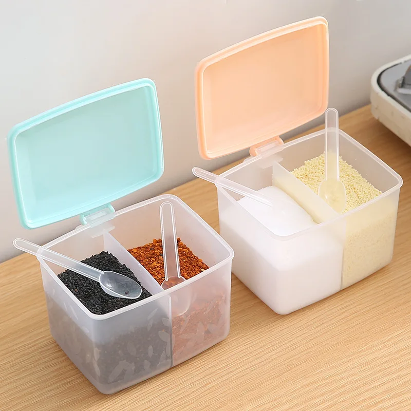 One-piece Split Grid Square Seasoning Box Double Grid with Spoon Storage Jar Transparent Sugar Salt Shaker Kitchen Accessories
One-piece Split Grid Square Seasoning Box Double Grid with Spoon Storage Jar Transparent Sugar Salt Shaker Kitchen Accessories
