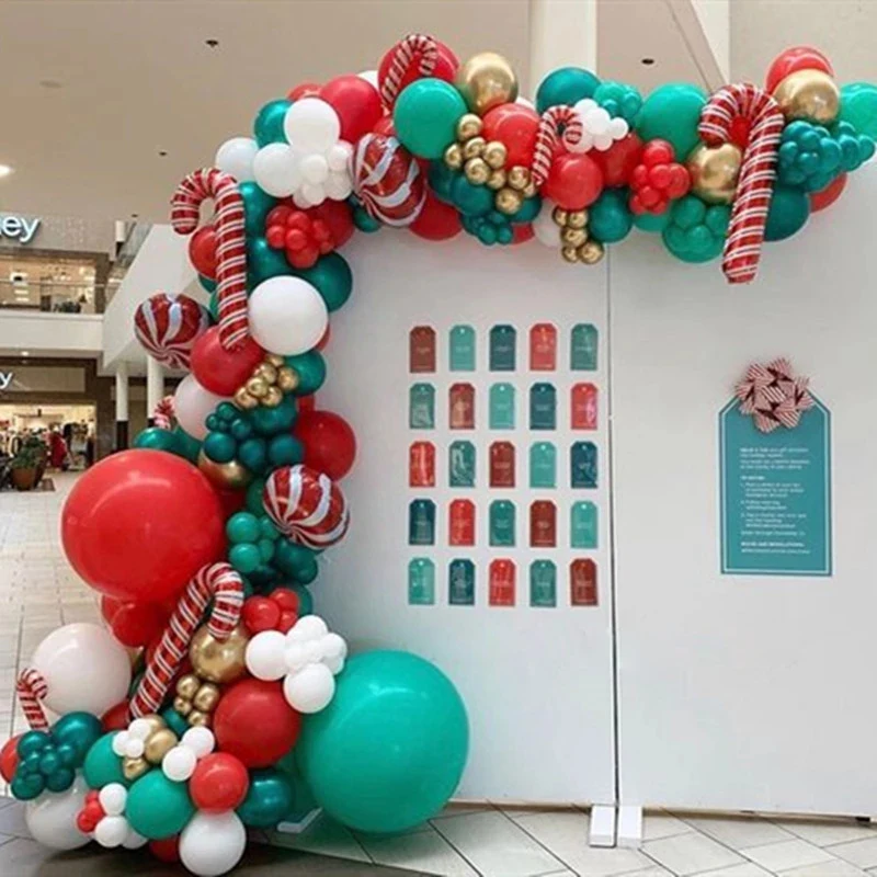 

205pcs Merry Christmas Balloons Garland Red Green New Year Balloon Chain Helium Round Foil Candy Globos Santa Claus Candy Canes