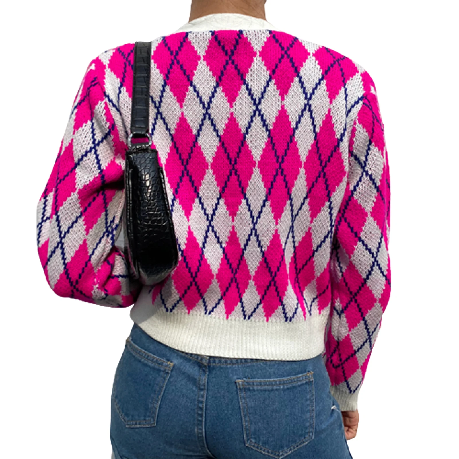 Women Argyle Pattern Crop Top, Autumn Loose Long Sleeve V-neck Single-breasted Cardigan
Women Argyle Pattern Crop Top, Autumn Loose Long Sleeve V-neck Single-breasted Cardigan