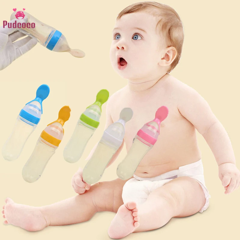 

Pudcoco 90ML Lovely Safety Feeding Silicone Baby Bottle With Spoon Feeder Food Rice Milk Feeding Infant Cereal Bottle Best Gift