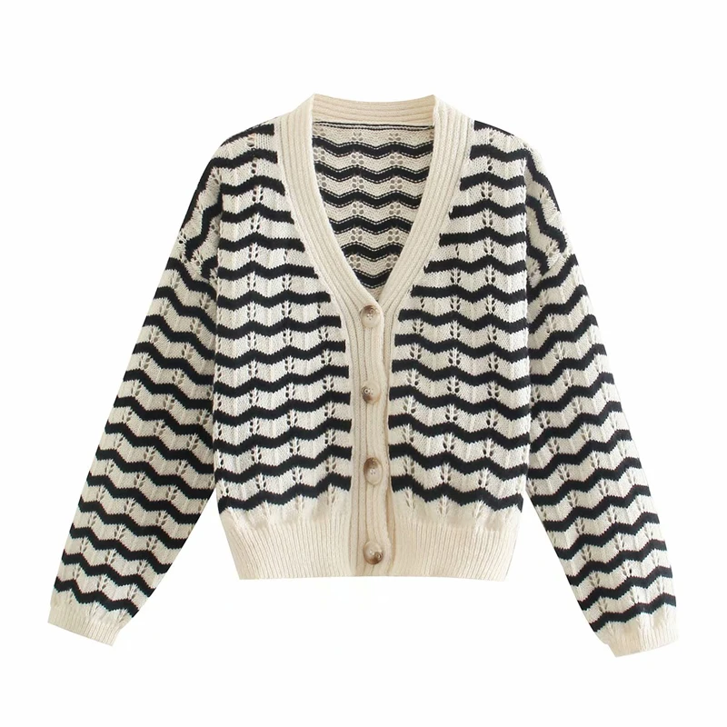 Spring and Autumn Women's Casual Striped V-neck Long Sleeve Hollow Design Cardigan Sweater
Spring and Autumn Women's Casual Striped V-neck Long Sleeve Hollow Design Cardigan Sweater