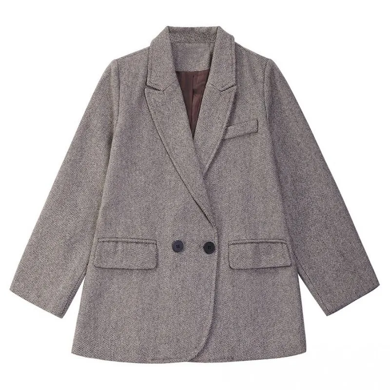 Office Lady Woolen Blazers Lapel Double-Breasted Striped Pockets Gray Jacket Spring Autumn Women Solid Straight British Style
Office Lady Woolen Blazers Lapel Double-Breasted Striped Pockets Gray Jacket Spring Autumn Women Solid Straight British Style