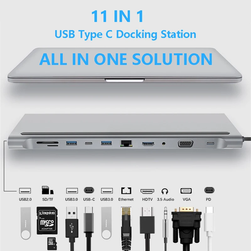 

Док-станция USB Type-C для ноутбука, док-станция с несколькими портами, двойным монитором, HDMI, VGA, RJ45, SD