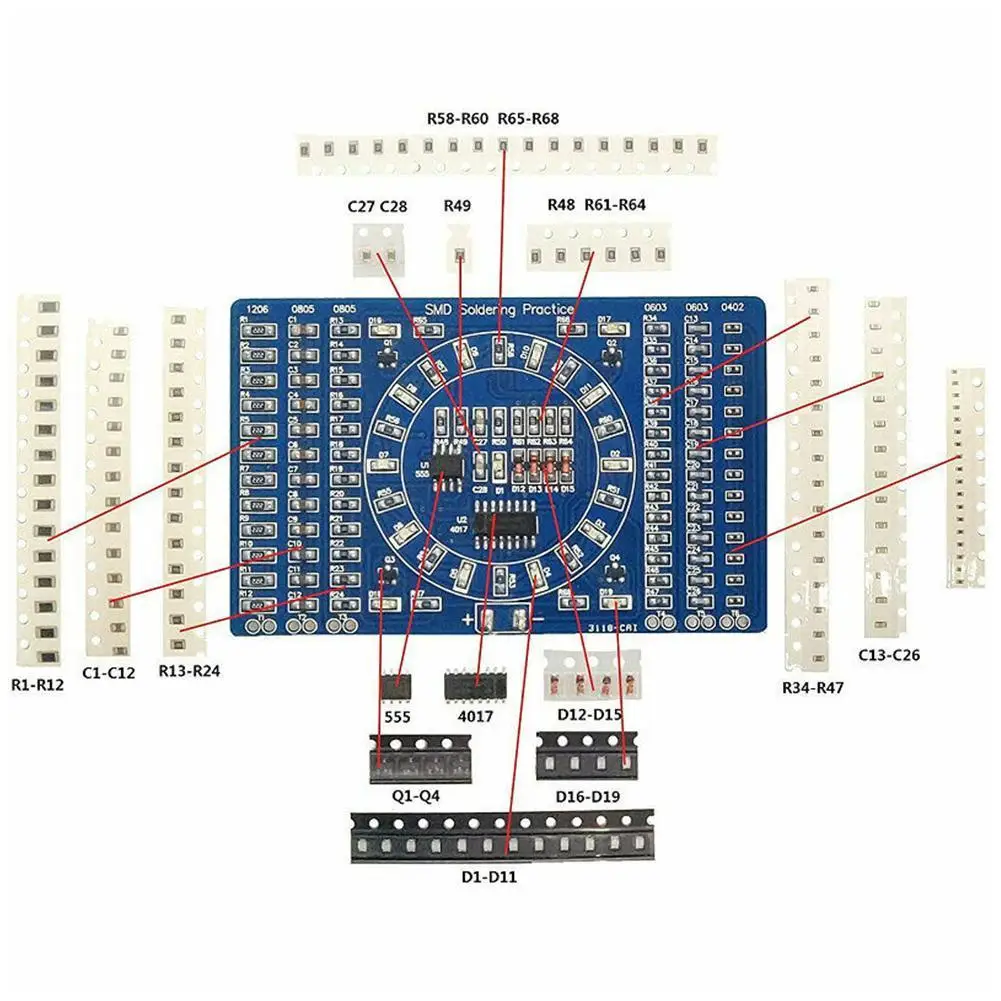 Паяльная практика SMD, печатная плата, светодиодный комплект электроники, основной SMT для пайки, инструменты «сделай сам», компоненты PCB B1H7
Паяльная практика SMD, печатная плата, светодиодный комплект электроники, основной SMT для пайки, инструменты «сделай сам», компоненты PCB B1H7
