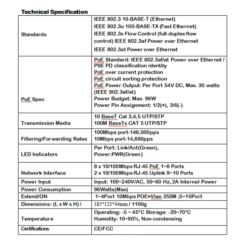 PSE108EX V2.0 104W 8 Port Poe Plus 2 Uplink with Extender Function IEEE802.3Af/At Network Poe Switch(EU Plug) 
PSE108EX V2.0 104W 8 Port Poe Plus 2 Uplink with Extender Function IEEE802.3Af/At Network Poe Switch(EU Plug)