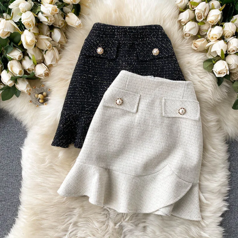 Тонкая твидовая юбка с высокой талией в стиле ретро, облегающая короткая юбка с оборками и трапециевидной юбкой 
Тонкая твидовая юбка с высокой талией в стиле ретро, облегающая короткая юбка с оборками и трапециевидной юбкой