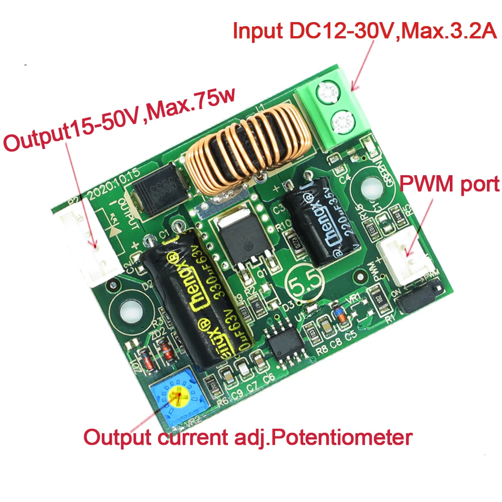 3.2A 28W 31W 34W 37W PWM DC LED Power driver Boost Converter 12V To 15V 18V 24V 36V 48V 60V constant current adjustable module
3.2A 28W 31W 34W 37W PWM DC LED Power driver Boost Converter 12V To 15V 18V 24V 36V 48V 60V constant current adjustable module