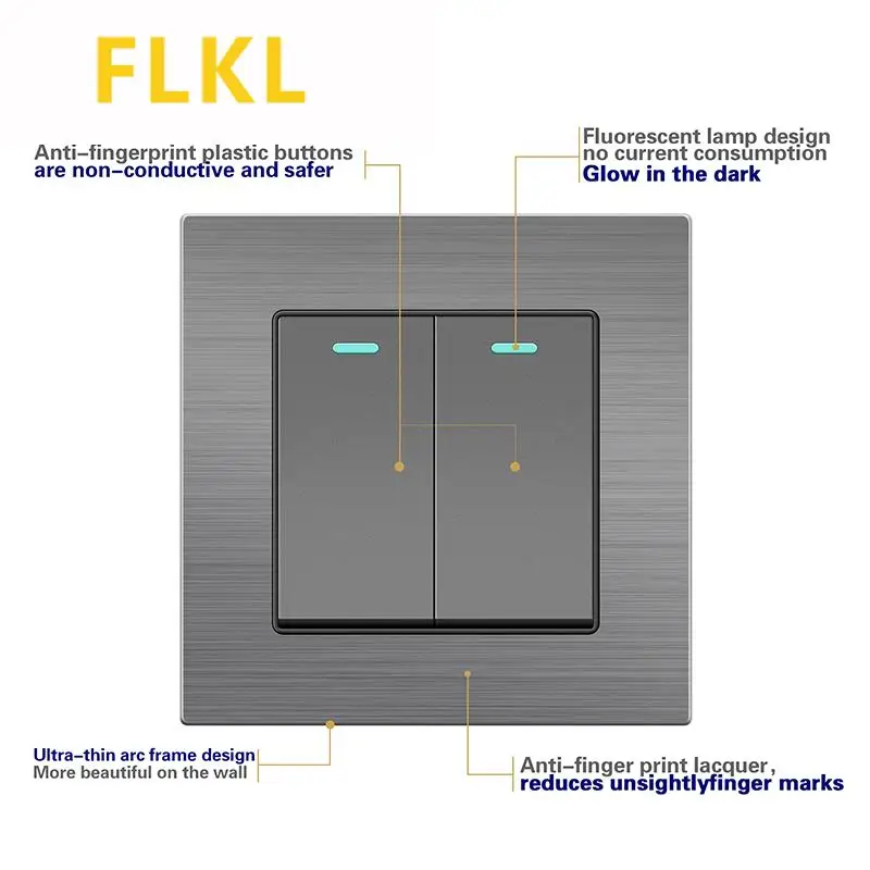 FLKL Wall Switch Power Light Switch With Indicator Lightes 2 Gang 2Way Luxury Push Button Switches Aluminum Alloy Panel 220V
FLKL Wall Switch Power Light Switch With Indicator Lightes 2 Gang 2Way Luxury Push Button Switches Aluminum Alloy Panel 220V