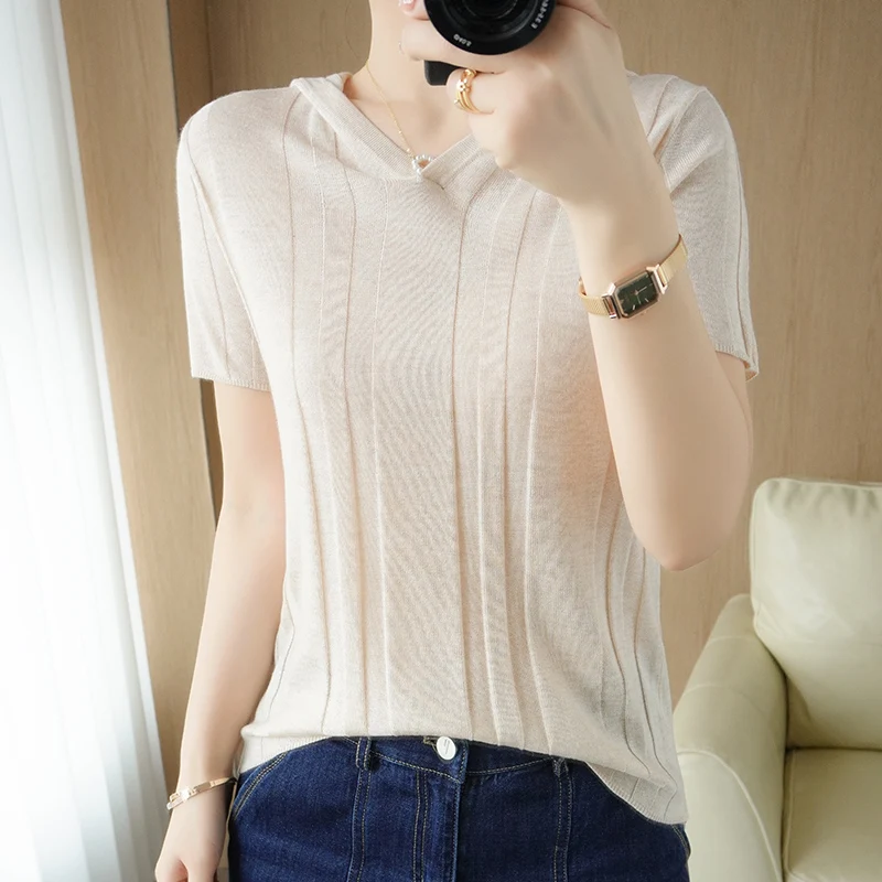 Zocept Summer Women's Sweater Short Sleeve Hooded Collar Solid Color Striped Top T Shirts Ladies Wool Blend Knitted Pullovers
Zocept Summer Women's Sweater Short Sleeve Hooded Collar Solid Color Striped Top T Shirts Ladies Wool Blend Knitted Pullovers