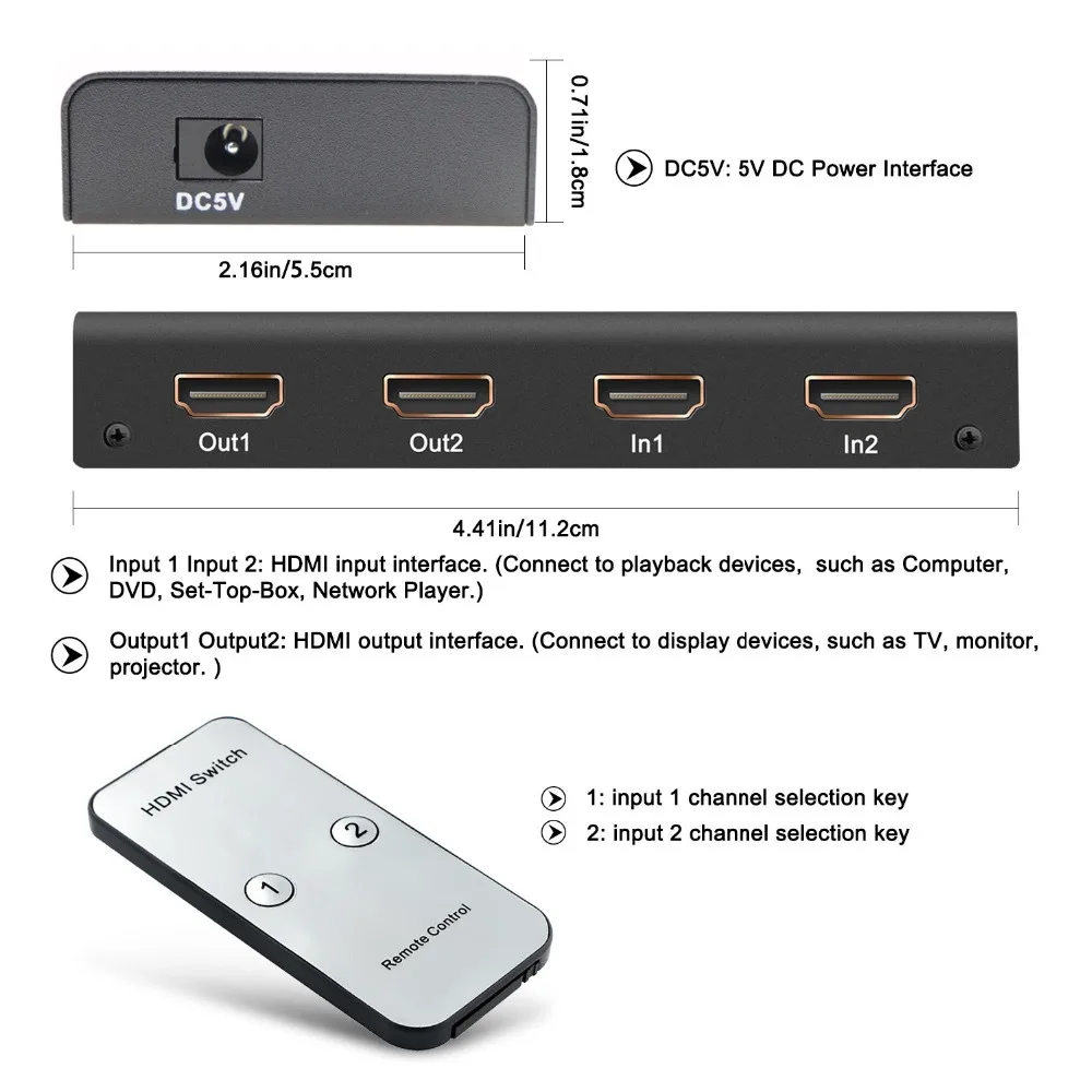 2X2 HDMI сплиттер коммутатор 2 в Выход переключатель коробка с ИК-пультом и адаптером