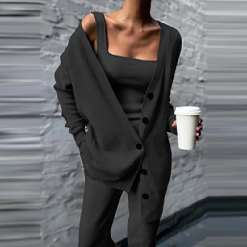 Sexy Single Breasted Long Cardigan 3 Piece Sets Women Square Collar Tops and Skinny Pants Suit Spring Solid Rib Knitted Outfits
Sexy Single Breasted Long Cardigan 3 Piece Sets Women Square Collar Tops and Skinny Pants Suit Spring Solid Rib Knitted Outfits