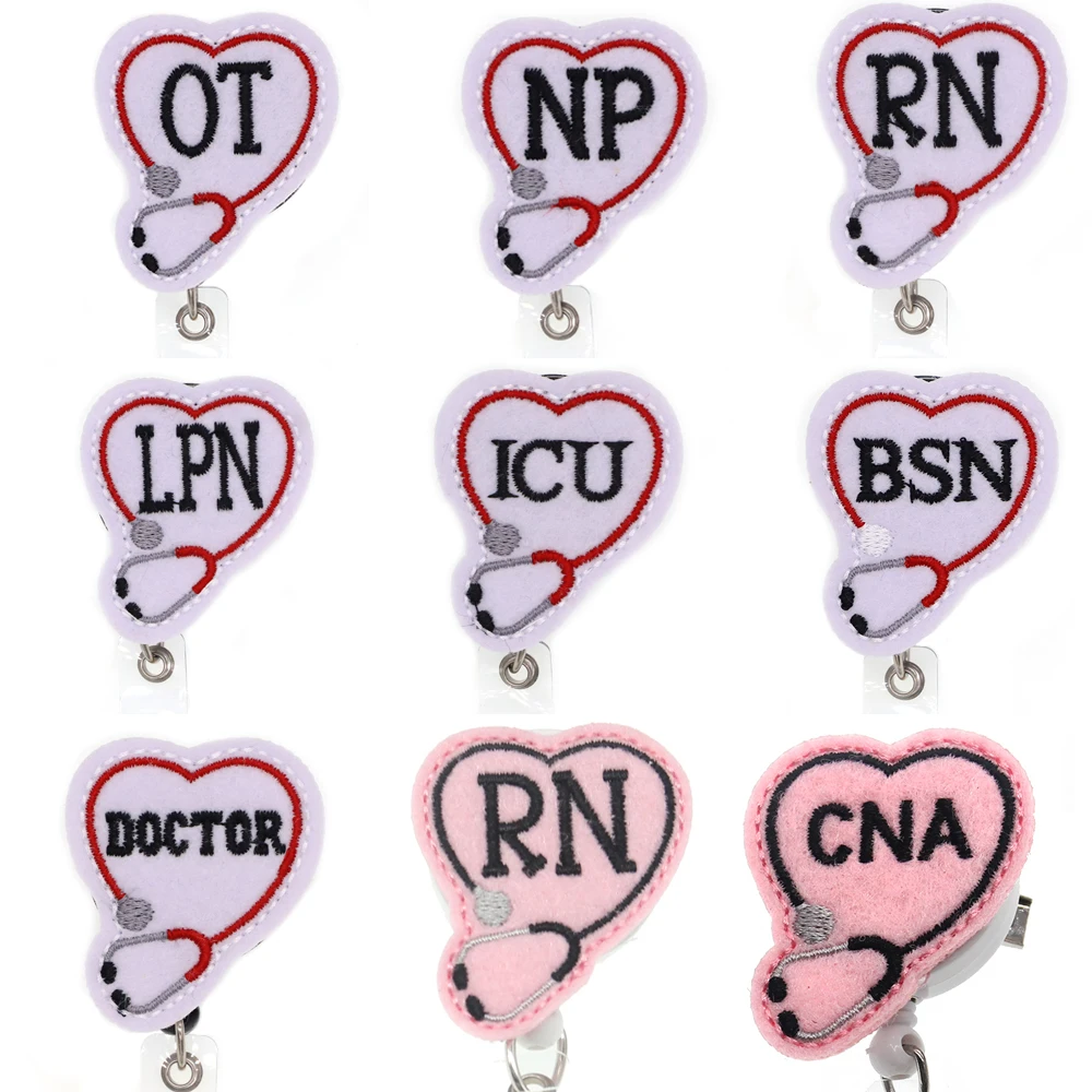 

Free Shipping Mix Style Heart Stethoscope Retractable Felt ID Badge Holder Reel For Nurse Accessories