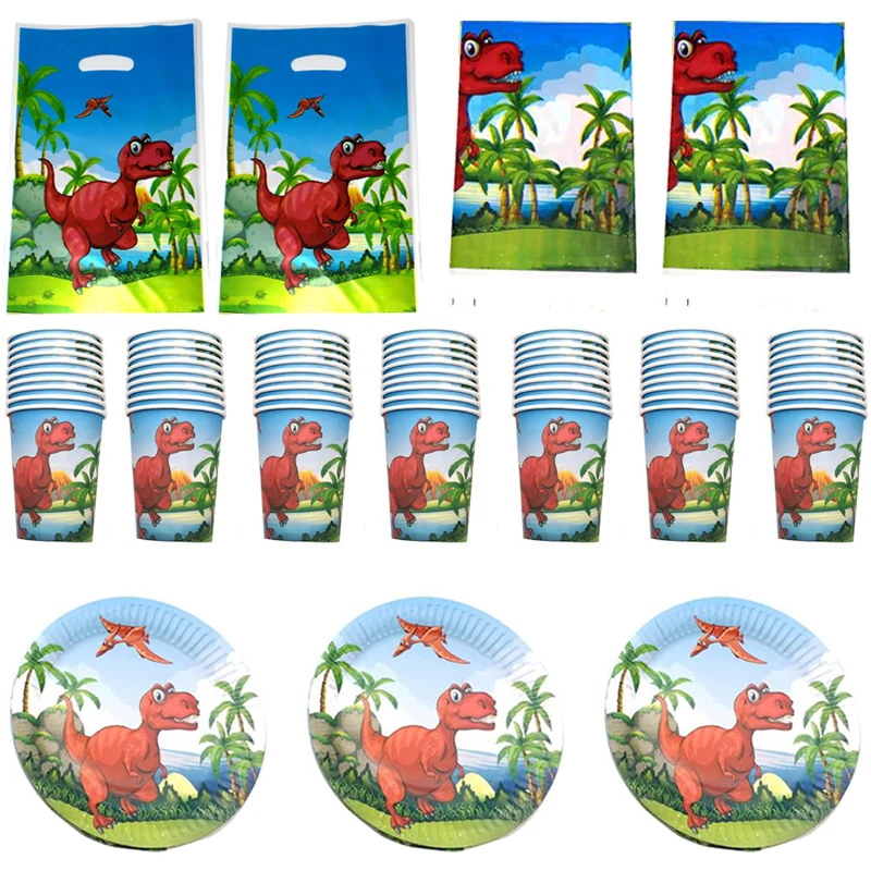 

61pcs/lot Kids Favors Dinosaur Theme Table Cover Birthday Party Plates Cups Decoration Loot Gifts Bag Tablecloth Dishes Glass