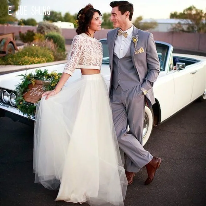 E JUE SHUNG Modest White Two Pieces Wedding Dresses O Neck Half Sleeves Lace Crop Top Tulle Bridal Dresses Vestido de noiva
E JUE SHUNG Modest White Two Pieces Wedding Dresses O Neck Half Sleeves Lace Crop Top Tulle Bridal Dresses Vestido de noiva