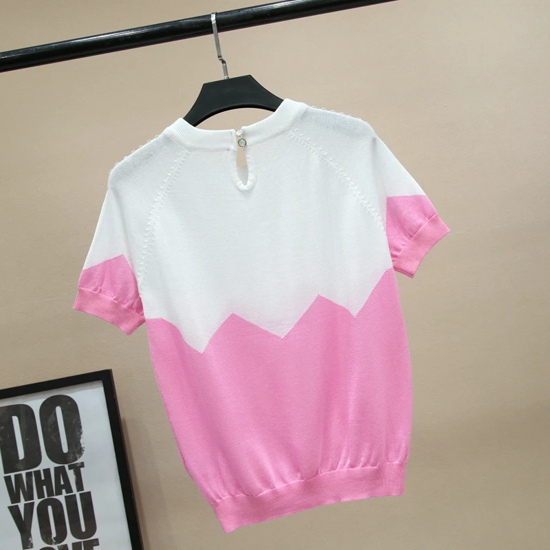 Summer Sweet Color Top Design Beaded T-shirt Tshirt Loose Sweater Shirt Women's Knitted Thin T-shirt Ladies Tops Jumper Tees
Summer Sweet Color Top Design Beaded T-shirt Tshirt Loose Sweater Shirt Women's Knitted Thin T-shirt Ladies Tops Jumper Tees